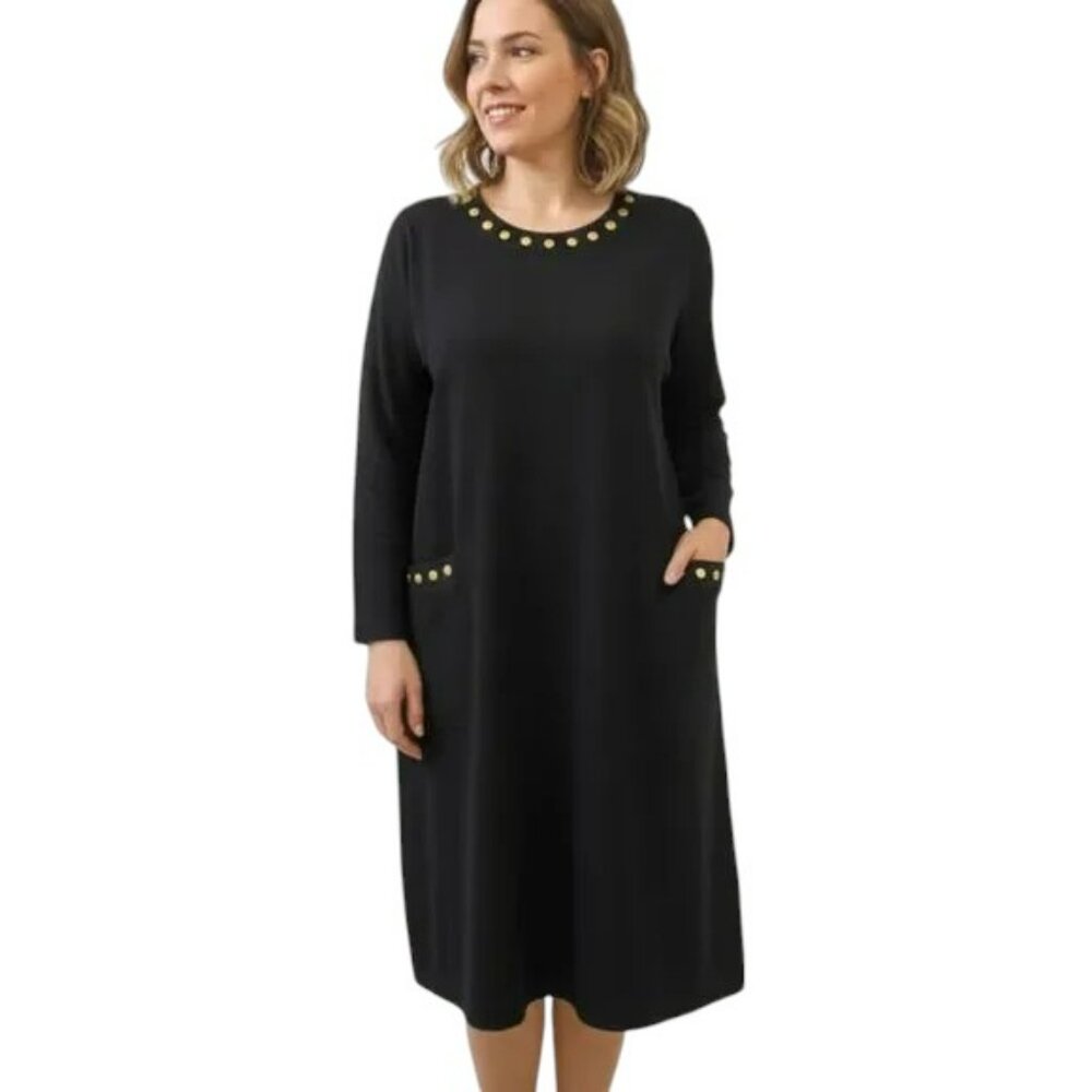 Nina Patrick Sweater Dress Black Gold Snap L Wool Blend  Vintage Casual Preppy